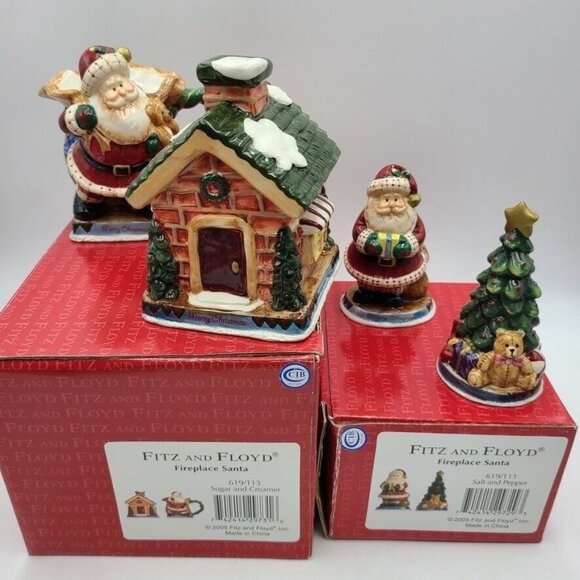 Vintage Fitz & Floyd Fireplace Santa Sugar Creamer 619/113 Salt Pepper 619/111 - Picture 1 of 10